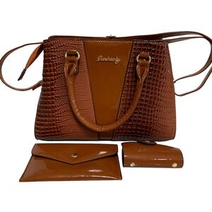 Danbaoly 3-Piece Tote Handbag Set Brown Croc Embossed Purse Wallet & Card Holder